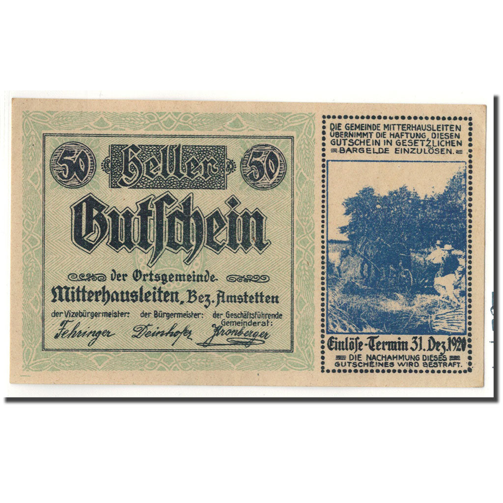 Banknote, Austria, Mitterhausleiten, 50 Heller, agriculteur, UNC(63), Mehl:620a