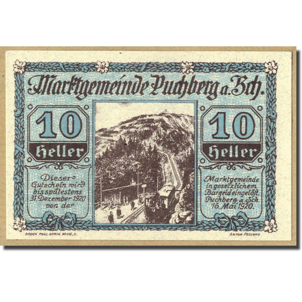 Banknote, Austria, Puchberg, 10 Heller, paysage, 1920, 1920-05-16, UNC(63)