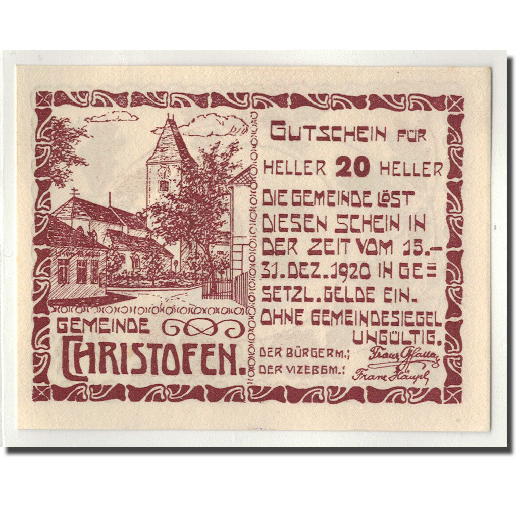 Geldschein, Österreich, Christofen, 20 Heller, gland, 1920, 1920-12-31, UNZ-