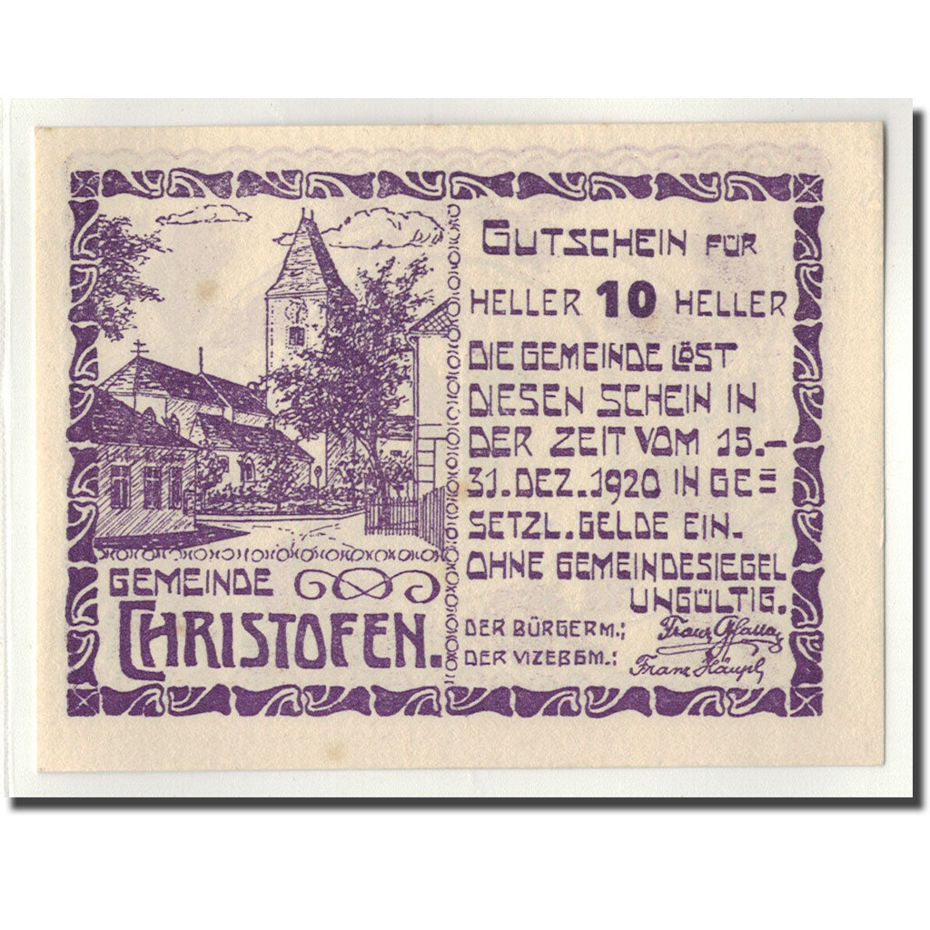 Geldschein, Österreich, Christofen, 10 Heller, gland, 1920, 1920-12-31, UNZ-
