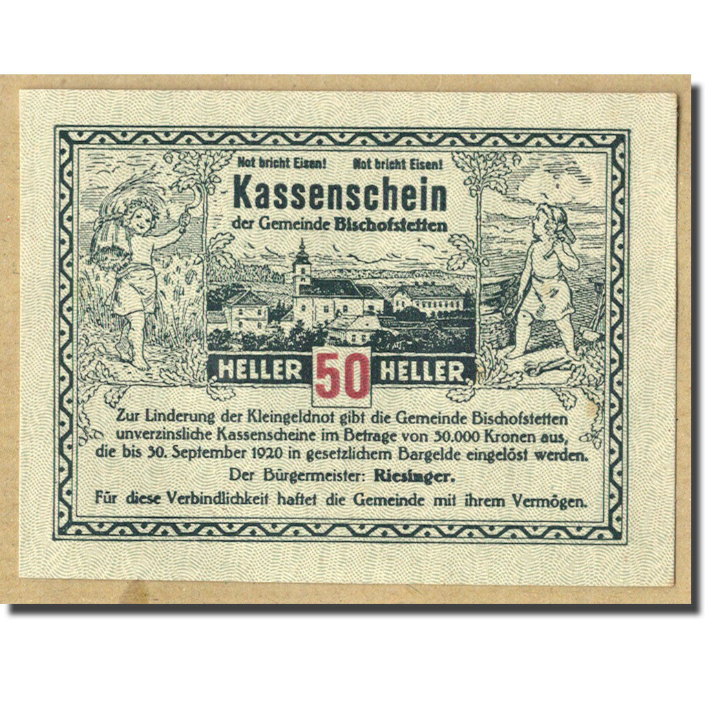 Geldschein, Österreich, Bischofstetten, 50 Heller, épis de blé, 1920