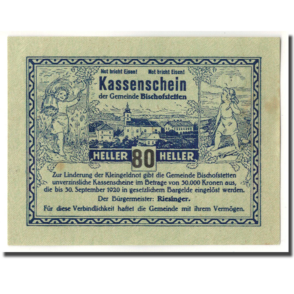 Geldschein, Österreich, Bischofstetten, 80 Heller, épis de blé, 1920
