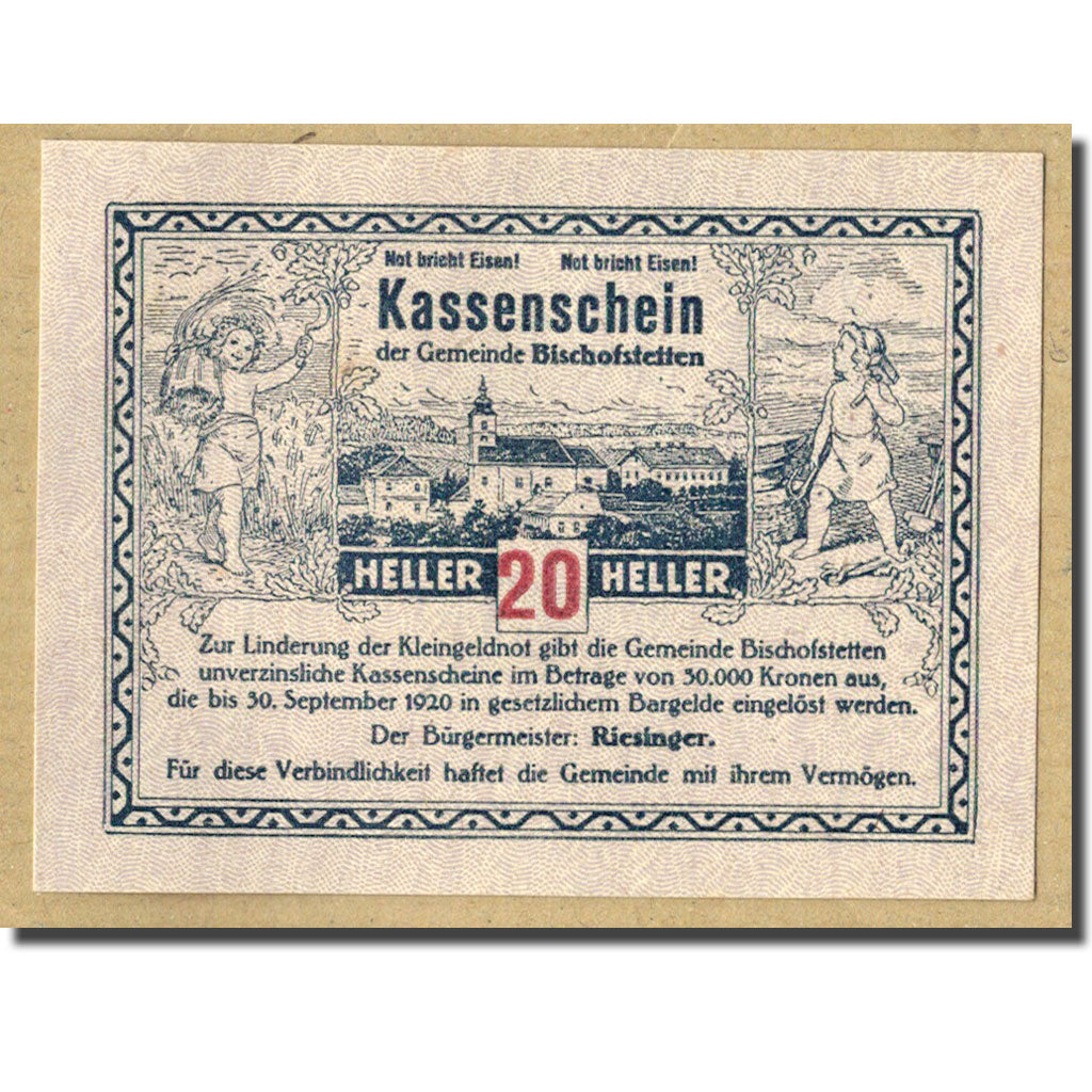 Banknote, Austria, Bischofstetten, 20 Heller, épis de blé, 1920, 1920-09-30