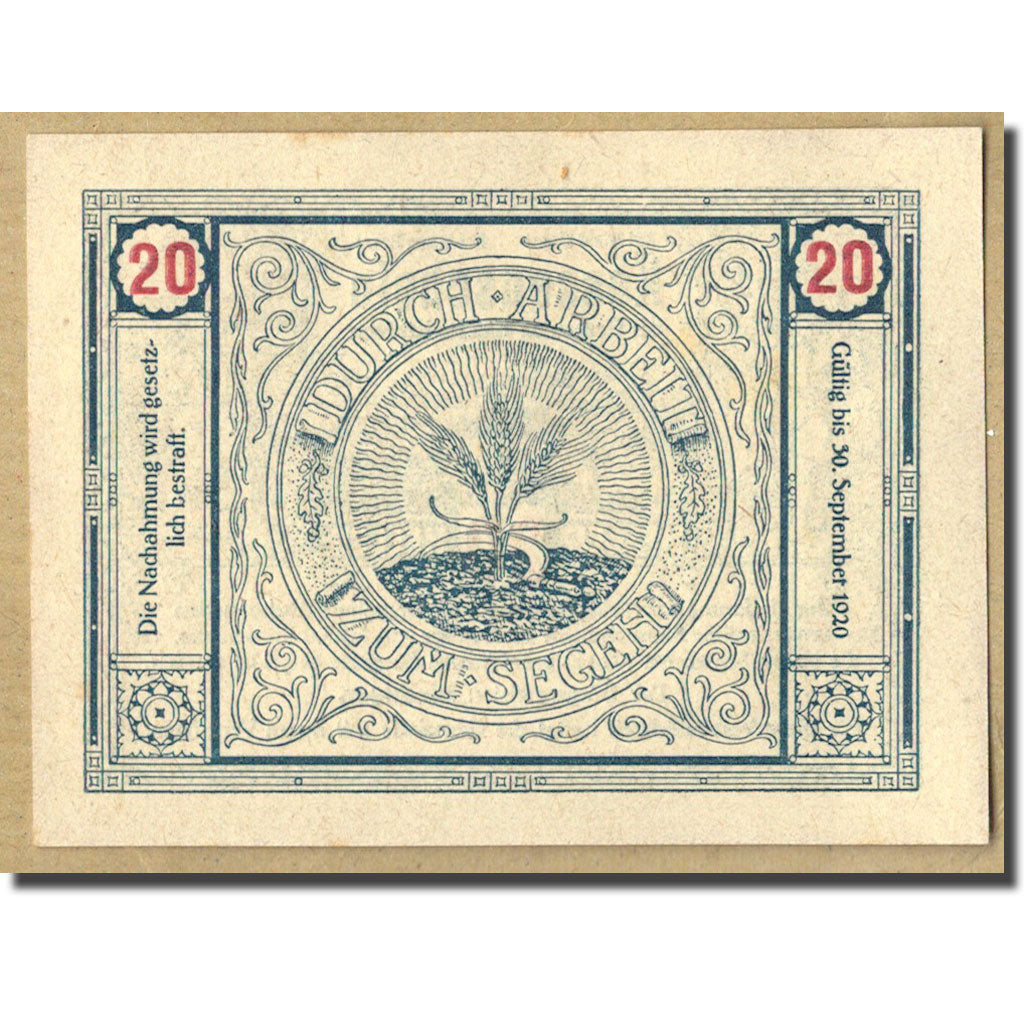 Banknote, Austria, Bischofstetten, 20 Heller, épis de blé, 1920, 1920-09-30