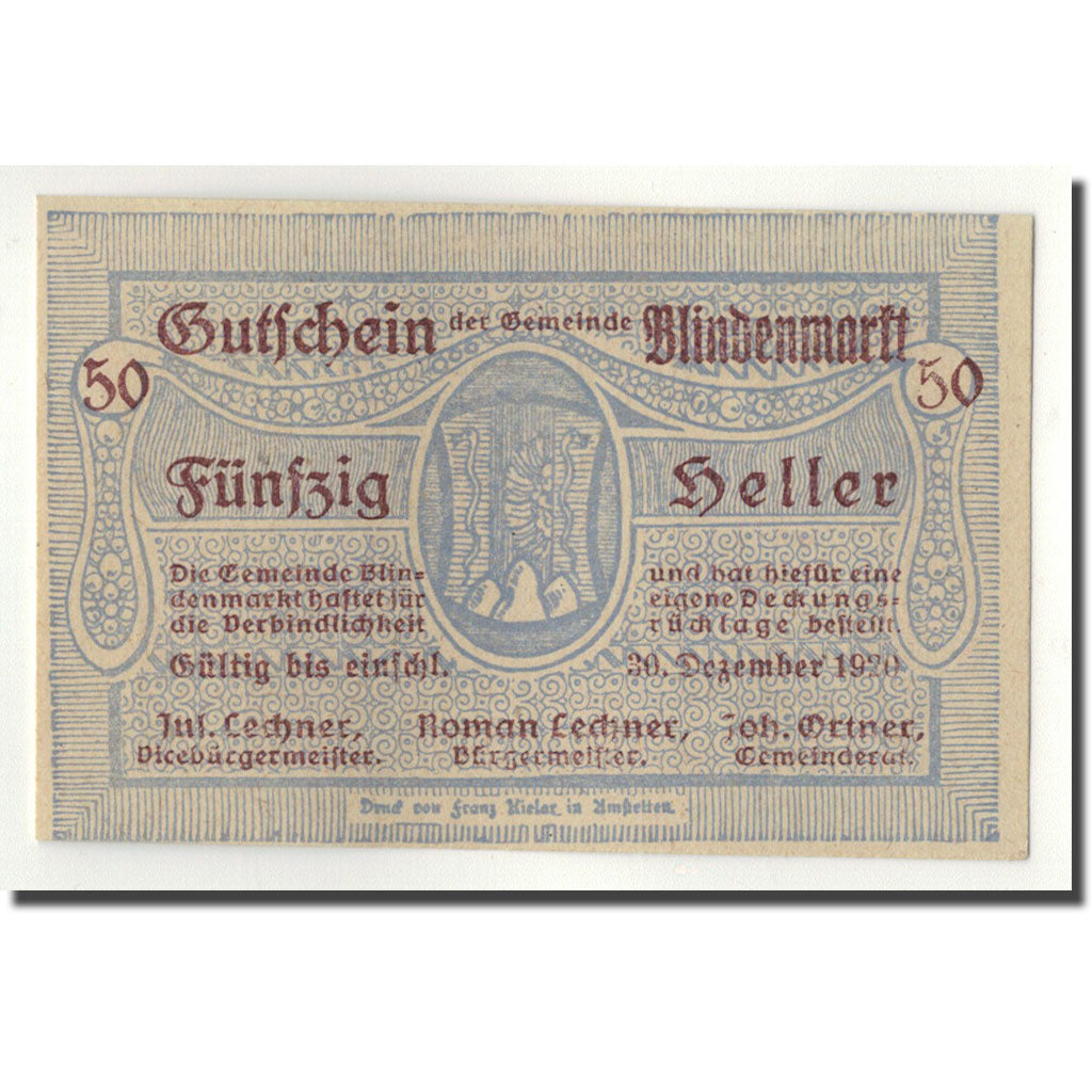 Geldschein, Österreich, Blindenmarkt, 50 Heller, Ecusson, 1920, 1920-03-19