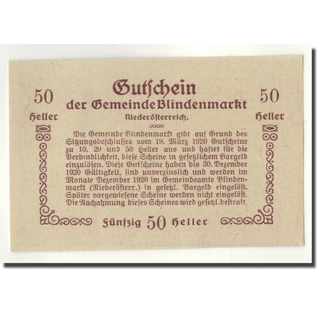 Geldschein, Österreich, Blindenmarkt, 50 Heller, Ecusson, 1920, 1920-03-19