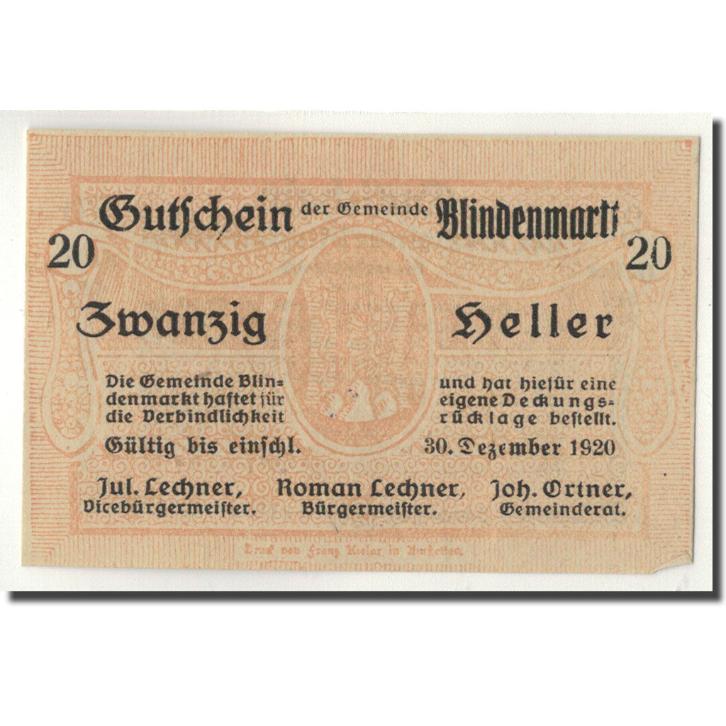 Geldschein, Österreich, Blindenmarkt, 20 Heller, Ecusson, 1920, 1920-03-19