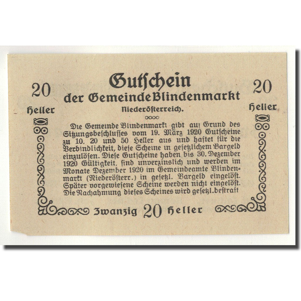 Geldschein, Österreich, Blindenmarkt, 20 Heller, Ecusson, 1920, 1920-03-19