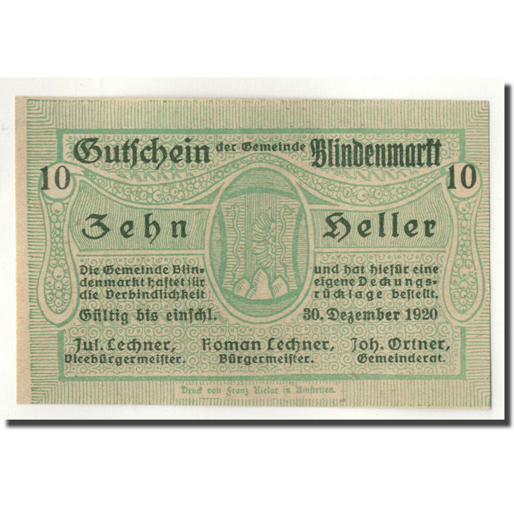 Geldschein, Österreich, Blindenmarkt, 10 Heller, Ecusson, 1920, 1920-03-19