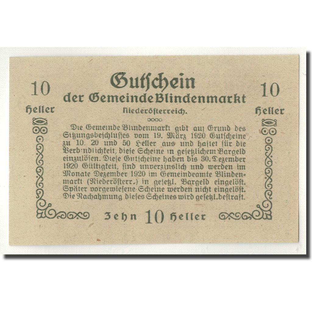 Geldschein, Österreich, Blindenmarkt, 10 Heller, Ecusson, 1920, 1920-03-19