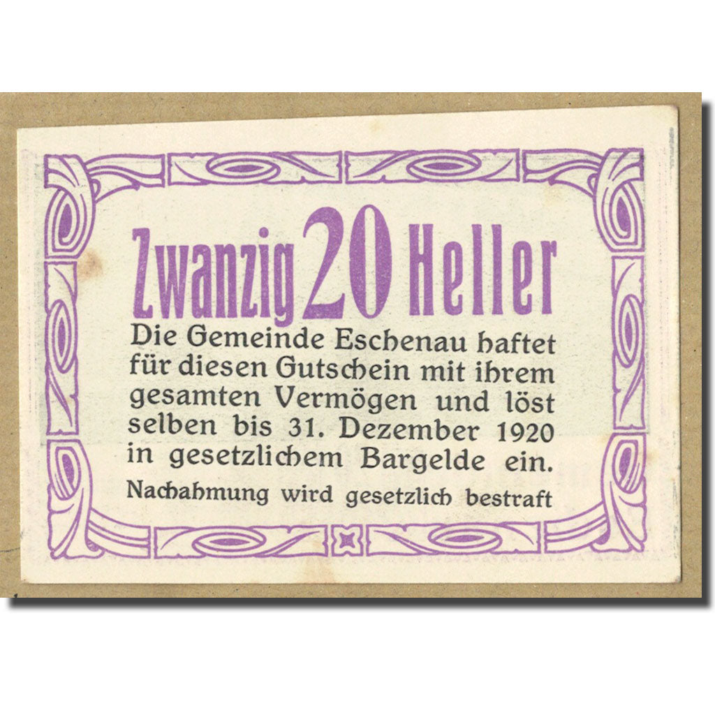 Banknote, Austria, Eschenau, 20 Heller, Eglise, UNC(63), Mehl:186c