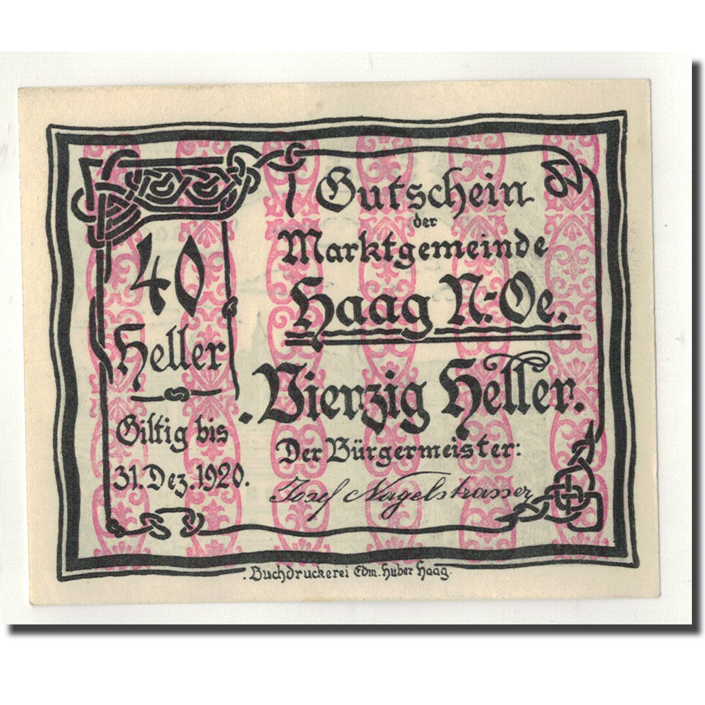 Geldschein, Österreich, Haag, 40 Heller, paysage, UNZ-, Mehl:318 V