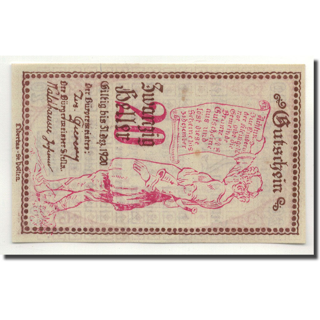 Banknote, Austria, Erla, 20 Heller, personnage, 1920, 1920-04-29, UNC(63)