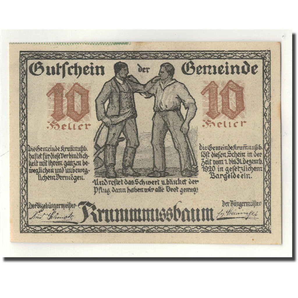 Banknote, Austria, Krummnusbaum, 10 Heller, personnage, 1920, UNC(63), Mehl:488