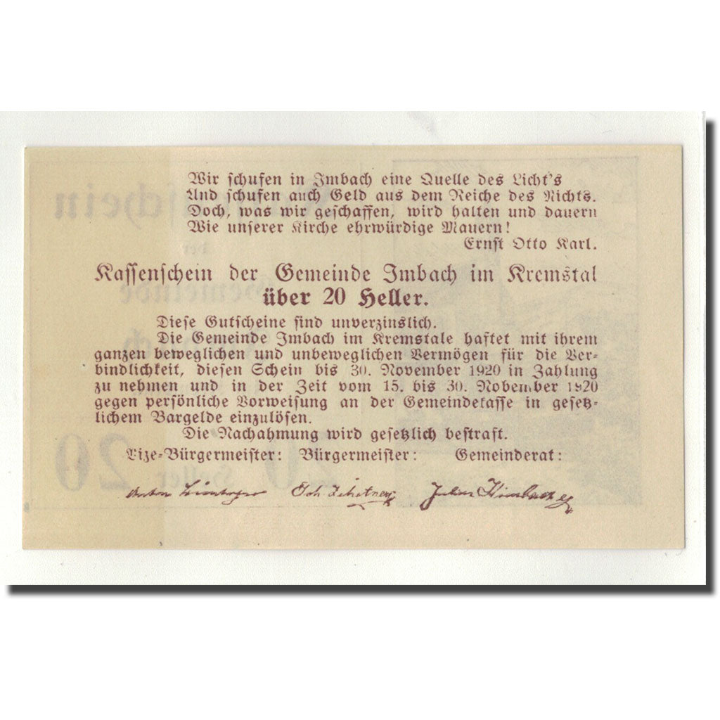 Banknote, Austria, Imbach, 20 Heller, Eglise, UNC(63), Mehl:404 Ib