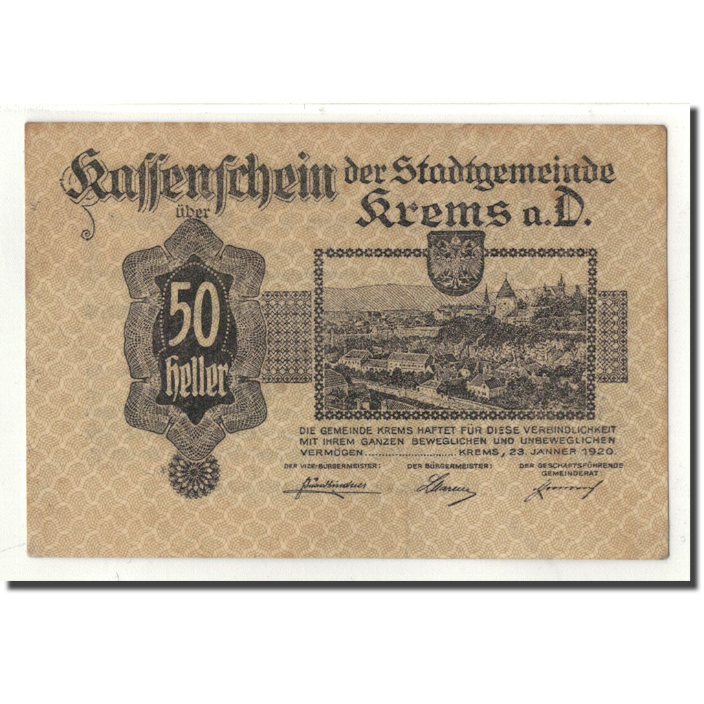 Banknote, Austria, Krems an der Donau, 50 Heller, paysage, 1920, 1920-01-23
