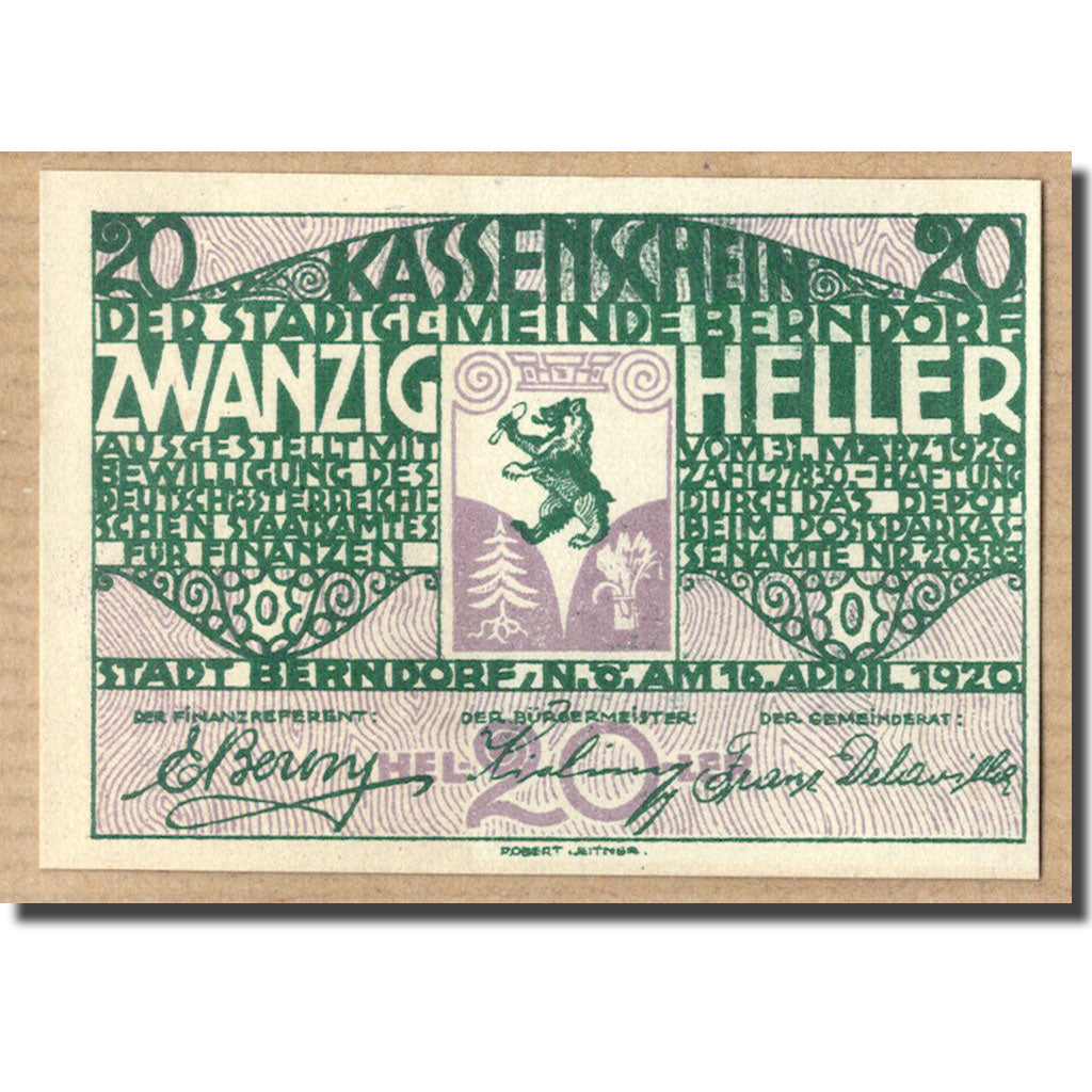 Geldschein, Österreich, Berndorf, 20 Heller, Ecusson, 1920, 1920-04-16, UNZ-