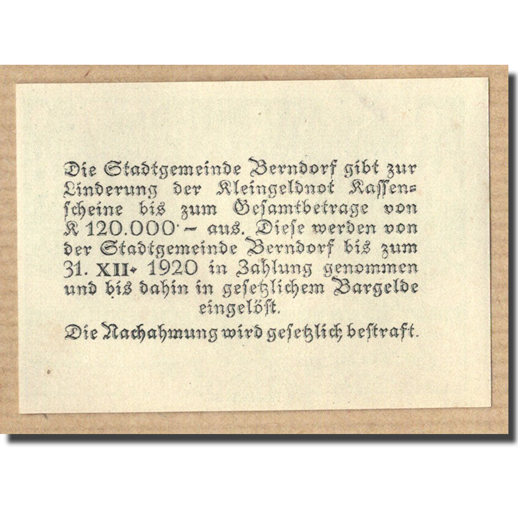 Geldschein, Österreich, Berndorf, 20 Heller, Ecusson, 1920, 1920-04-16, UNZ-