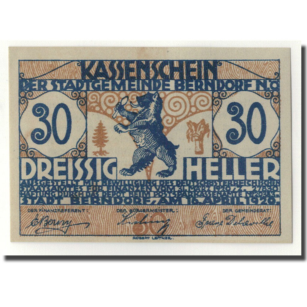Banconote, Austria, Berndorf, 30Heller, Ecusson, 1920, 1920-04-16, SPL, Mehl:83a