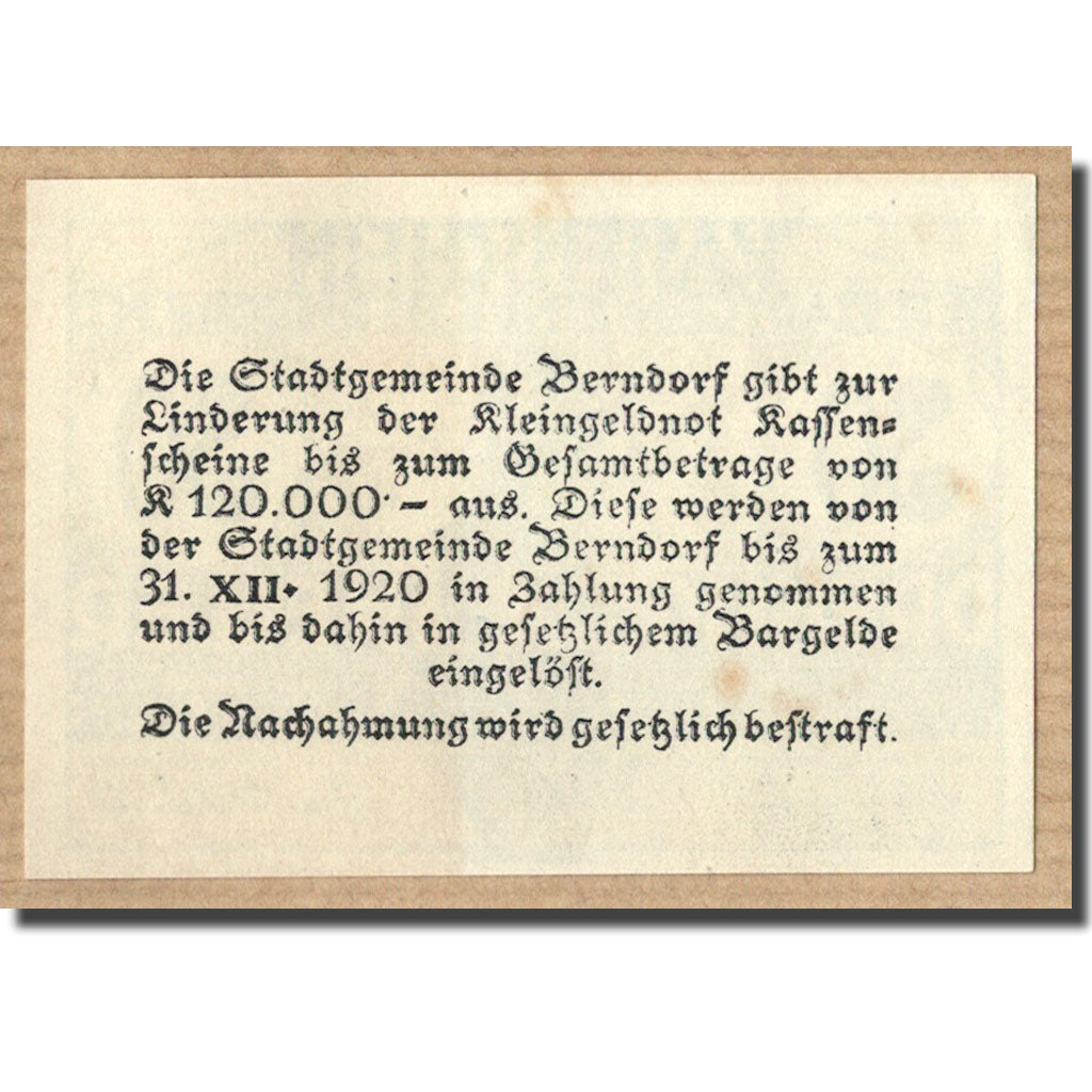 Banconote, Austria, Berndorf, 30Heller, Ecusson, 1920, 1920-04-16, SPL, Mehl:83a