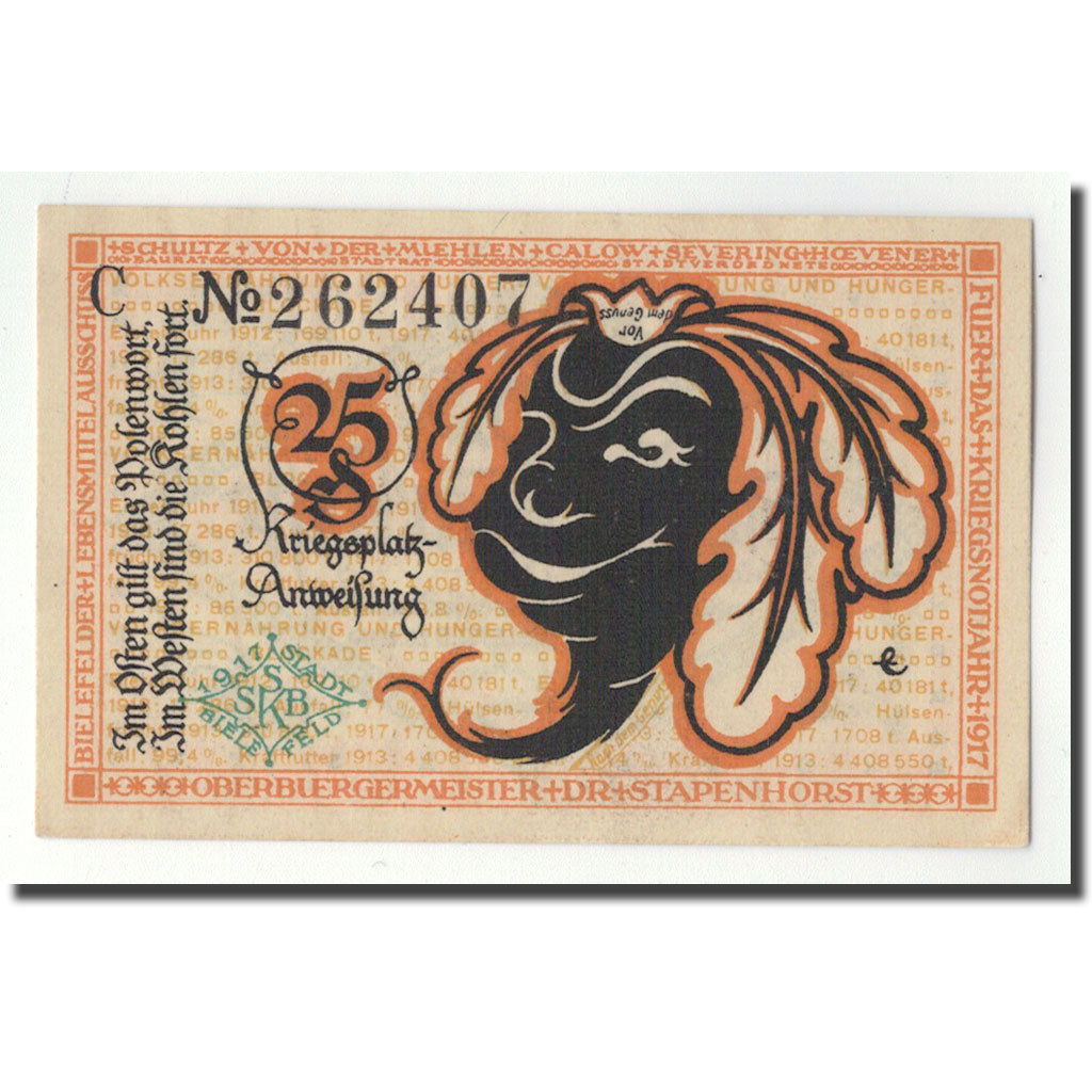 Banconote, Germania, Bielefeld, 25 Pfennig, personnage, 1919, 1919-04-01, SPL