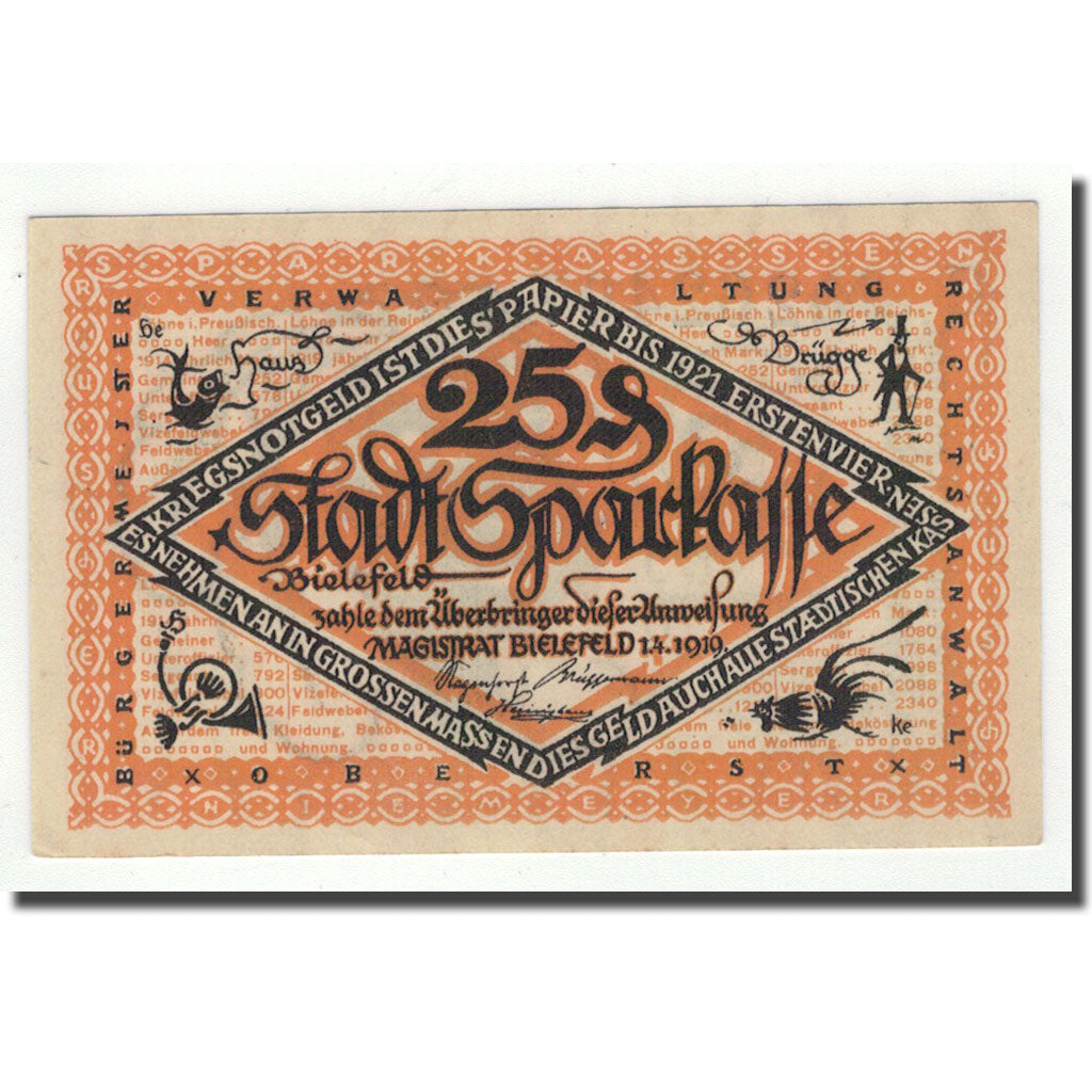 Banconote, Germania, Bielefeld, 25 Pfennig, personnage, 1919, 1919-04-01, SPL