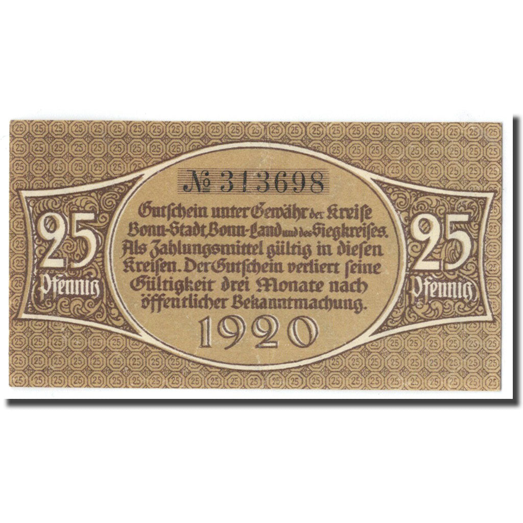 Banknote, Germany, Bonn, 25 Pfennig, personnage, 1920, UNC(63), Mehl:74.6b