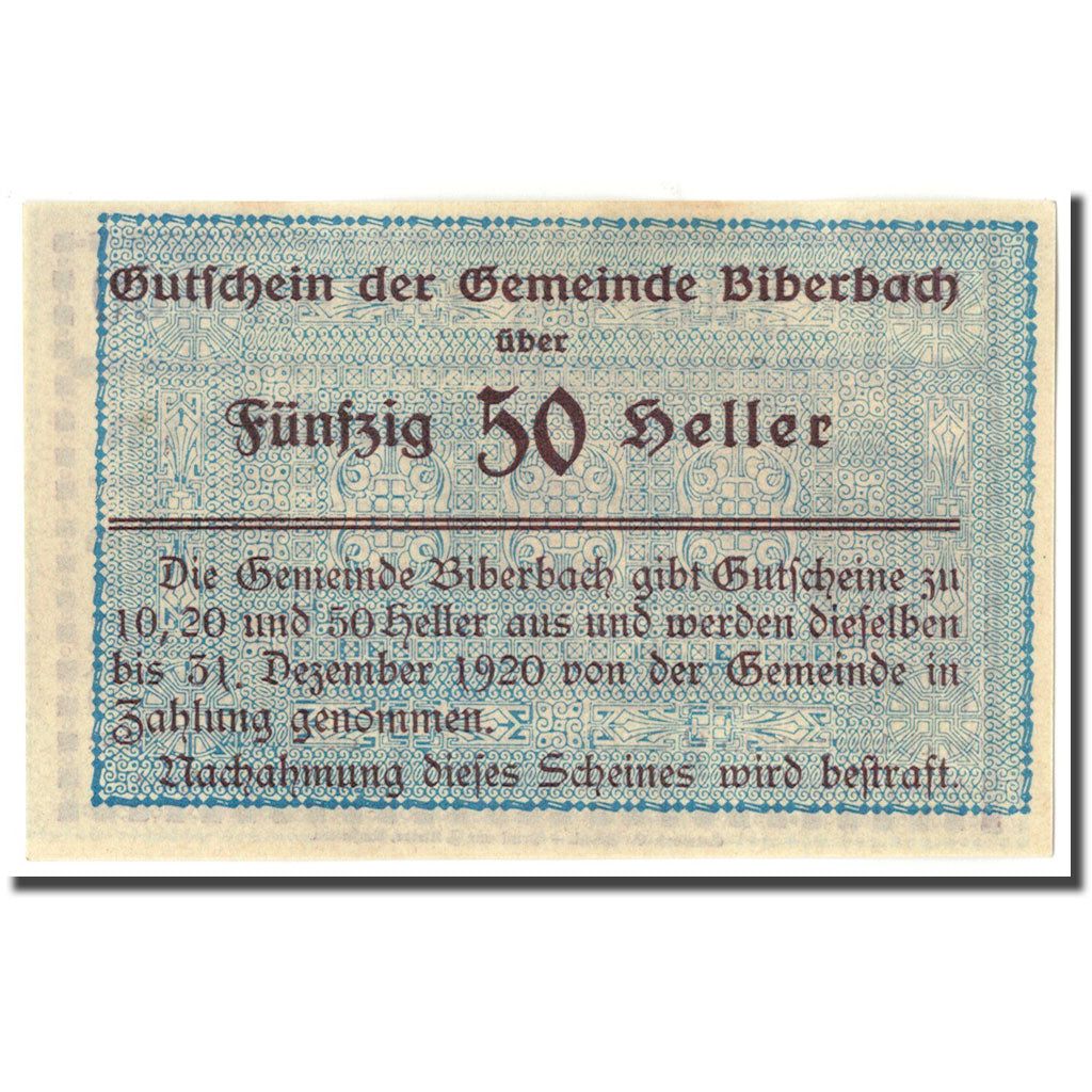 Geldschein, Österreich, Biberbach, 50 Heller, paysage, UNZ-, Mehl:86 Ia