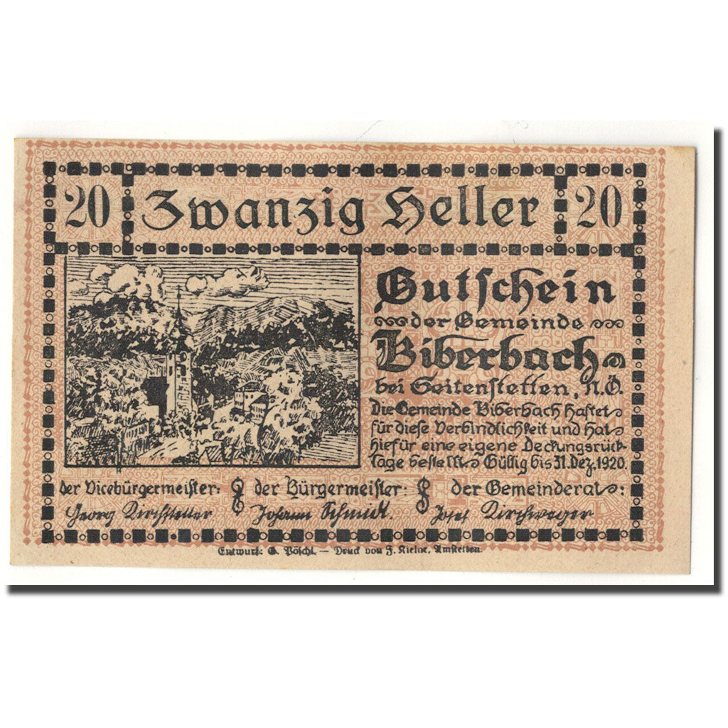 Banknote, Austria, Biberbach, 20 Heller, paysage, UNC(63), Mehl:86 Ia