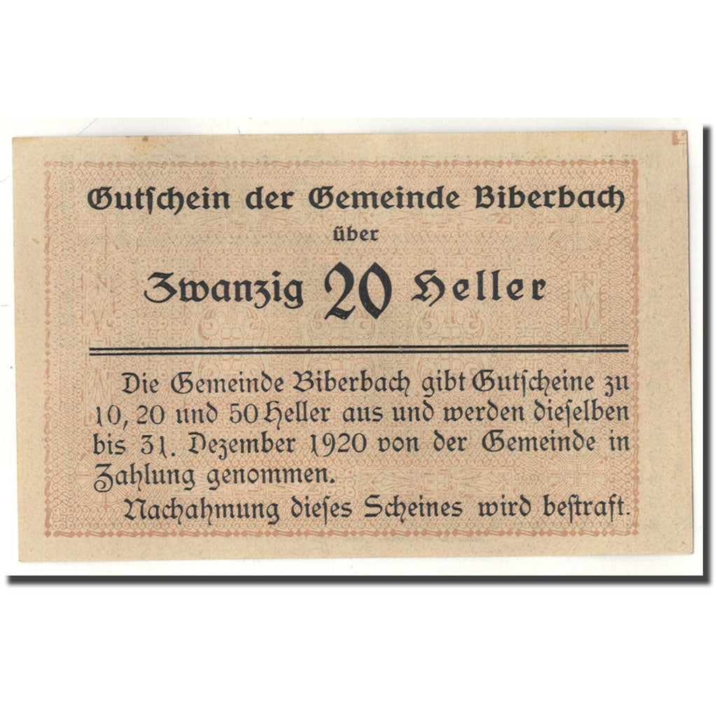 Banknote, Austria, Biberbach, 20 Heller, paysage, UNC(63), Mehl:86 Ia