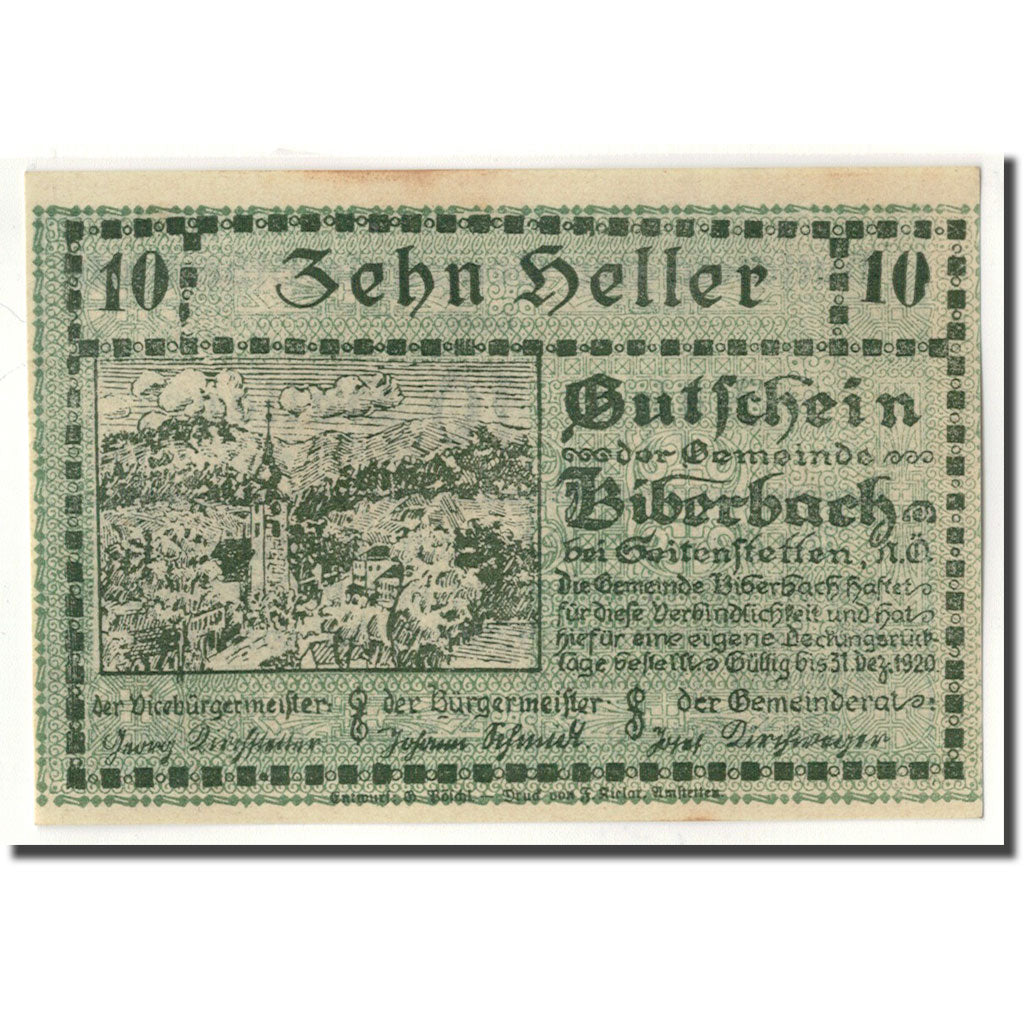 Banknote, Austria, Biberbach, 10 Heller, paysage, UNC(63), Mehl:86 Ia