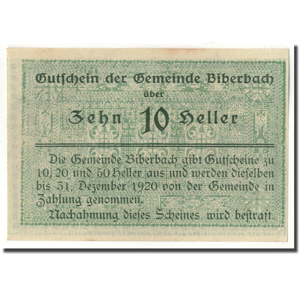 Banknote, Austria, Biberbach, 10 Heller, paysage, UNC(63), Mehl:86 Ia
