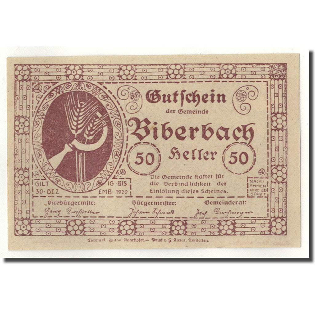 Geldschein, Österreich, Biberbach, 50 Heller, paysage, UNZ-, Mehl:86 IIc