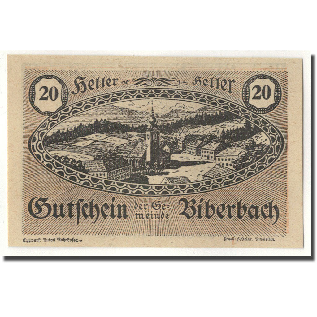 Banknote, Austria, Biberbach, 20 Heller, paysage, UNC(63), Mehl:86 IIc