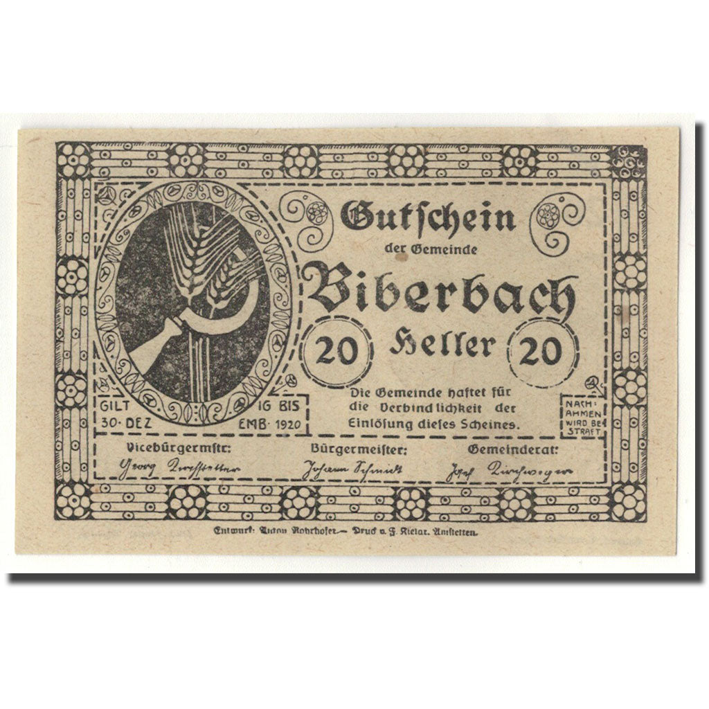 Banknote, Austria, Biberbach, 20 Heller, paysage, UNC(63), Mehl:86 IIc