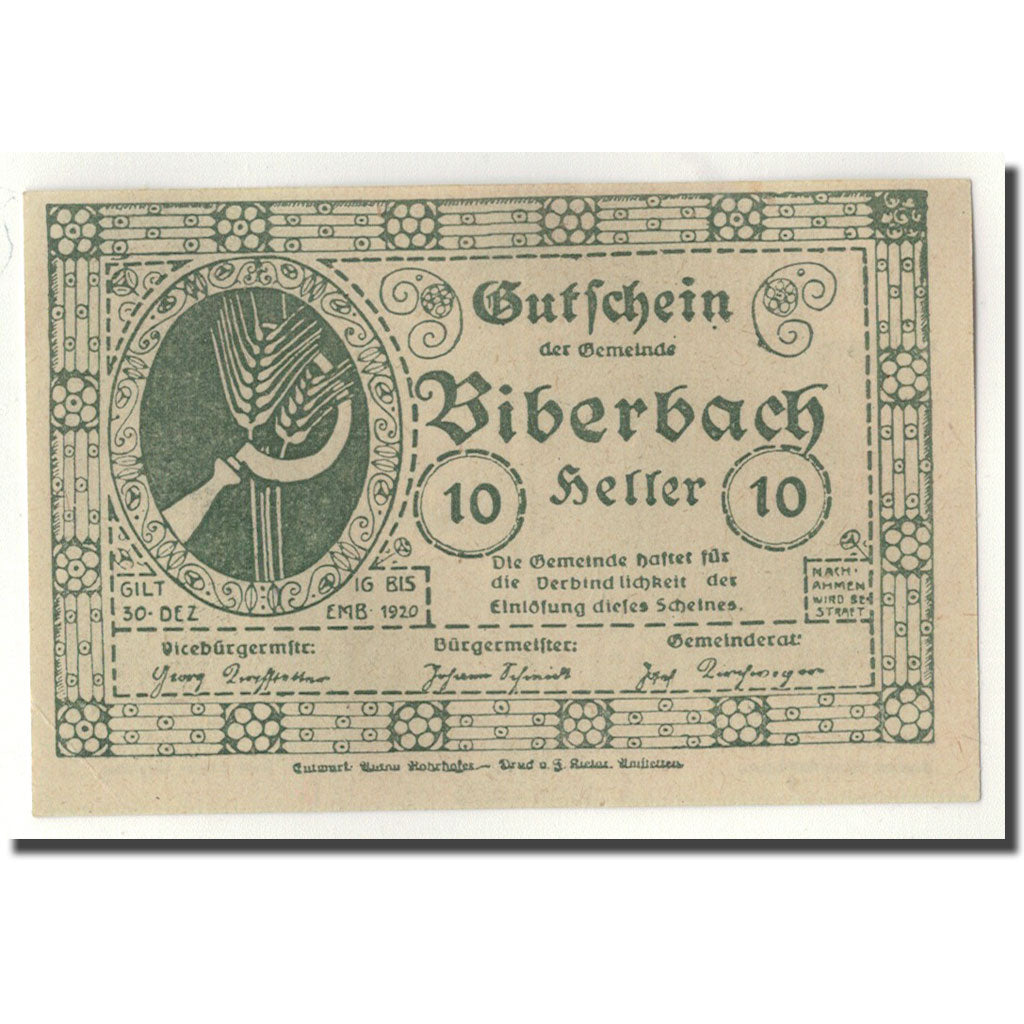 Banknote, Austria, Biberbach, 10 Heller, paysage, UNC(63), Mehl:86 IIc