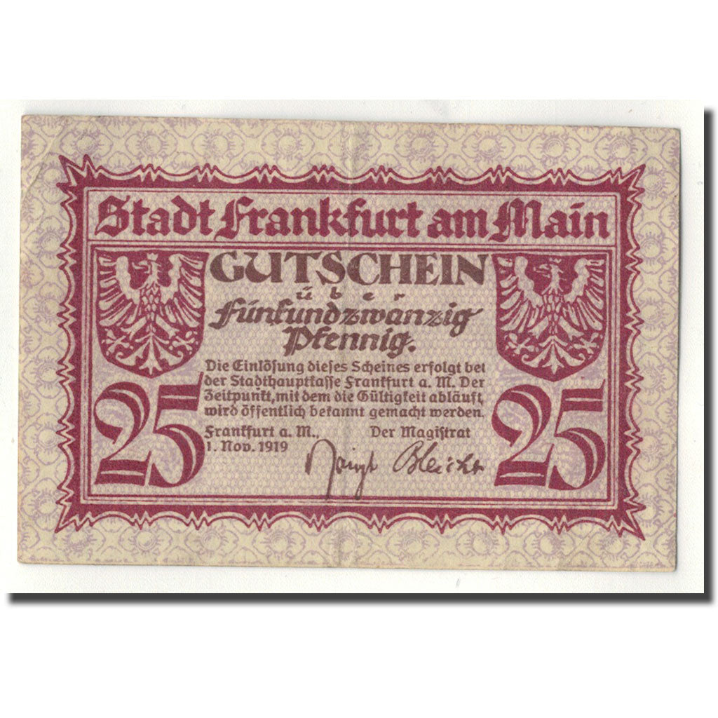 Banknote, Germany, Frankfurt am Main Stadt, 25 Pfennig, paysage, 1919