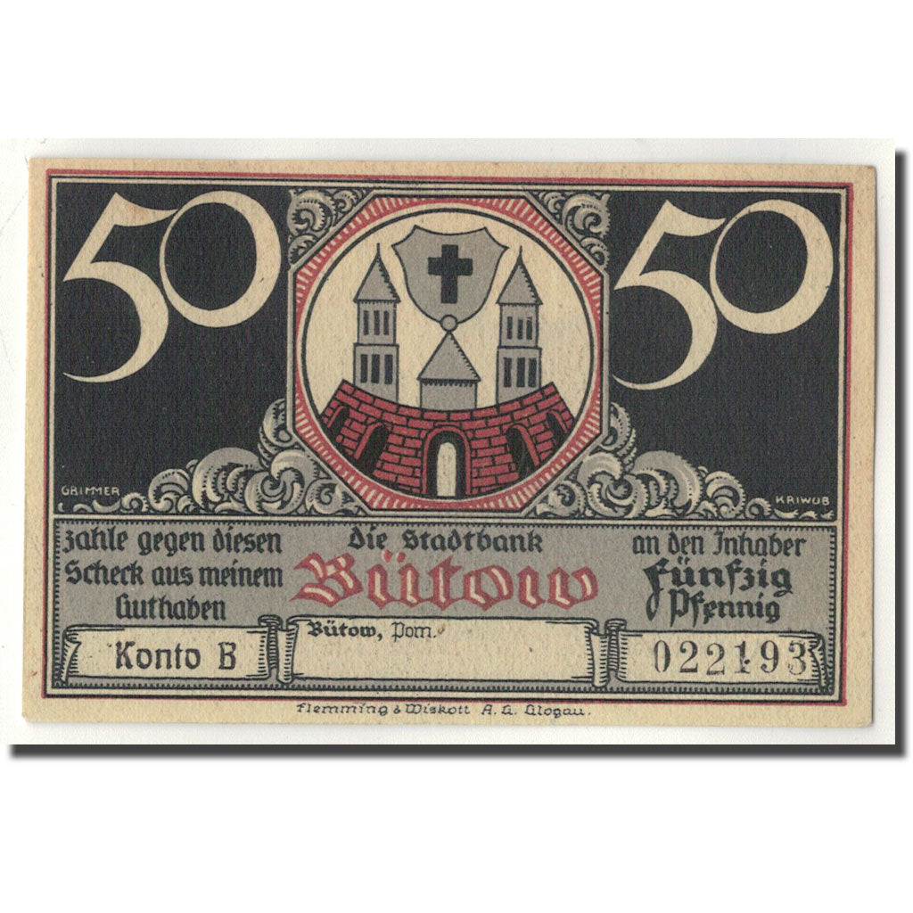 Banknote, Germany, Bütow, 50 Pfennig, chevalier, 1922, UNC(63), Mehl:204.1b