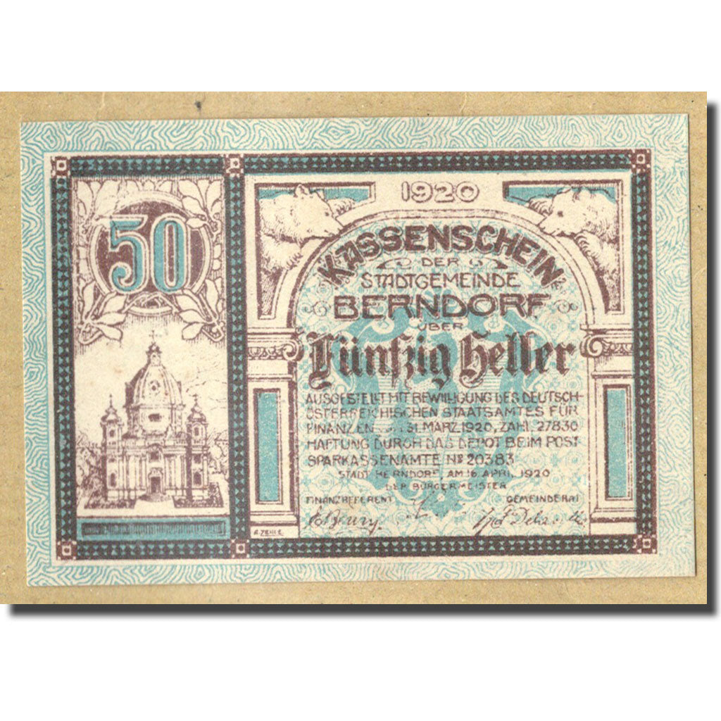 Geldschein, Österreich, Berndorf, 50 Heller, cathédrale, 1920, 1920-04-16