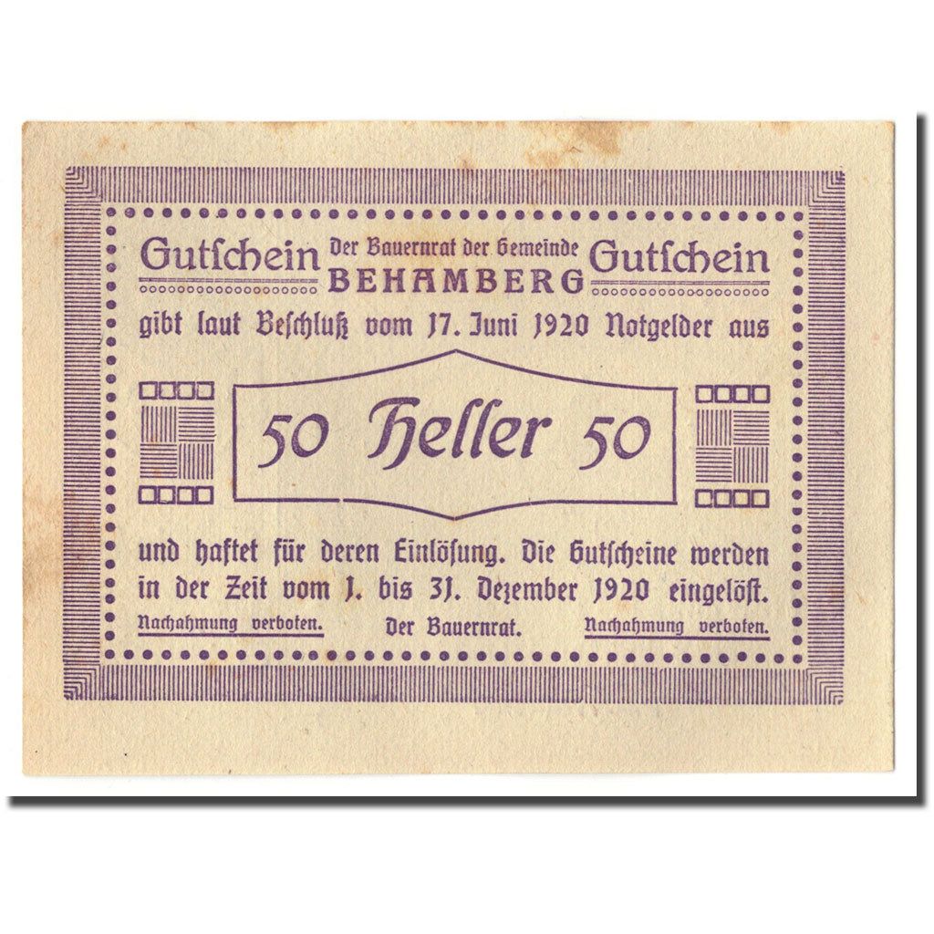 Banknote, Austria, Behamberg, 50 Heller, paysage, 1920, 1920-06-17, UNC(63)