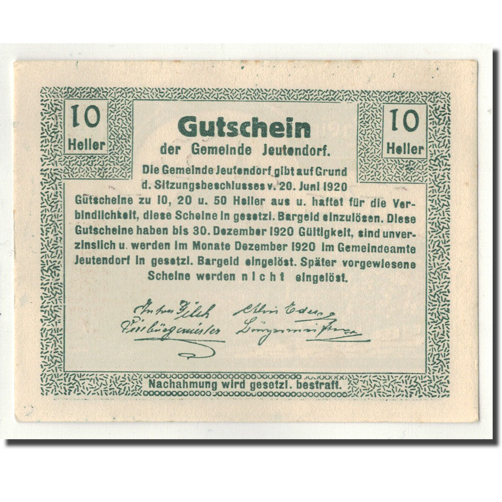 Geldschein, Österreich, Jeutendorf, 10 Heller, paysage, 1920, 1920-06-20, UNZ-