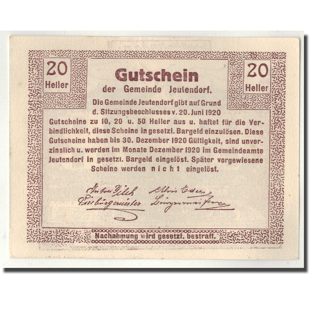 Banknote, Austria, Jeutendorf, 20 Heller, paysage, 1920, 1920-06-20, UNC(63)