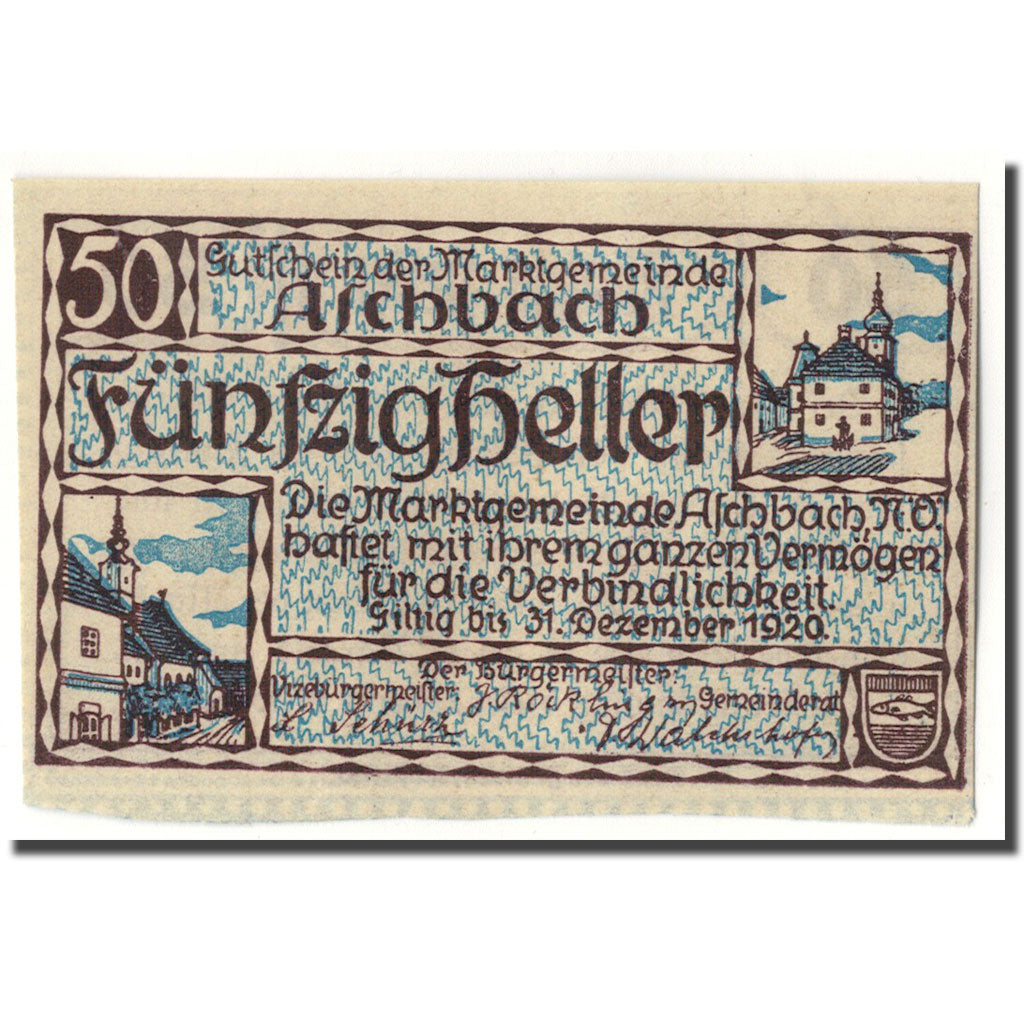 Banknote, Austria, Aschbach, 50 Heller, paysage, 1920, 1920-04-08, UNC(63)