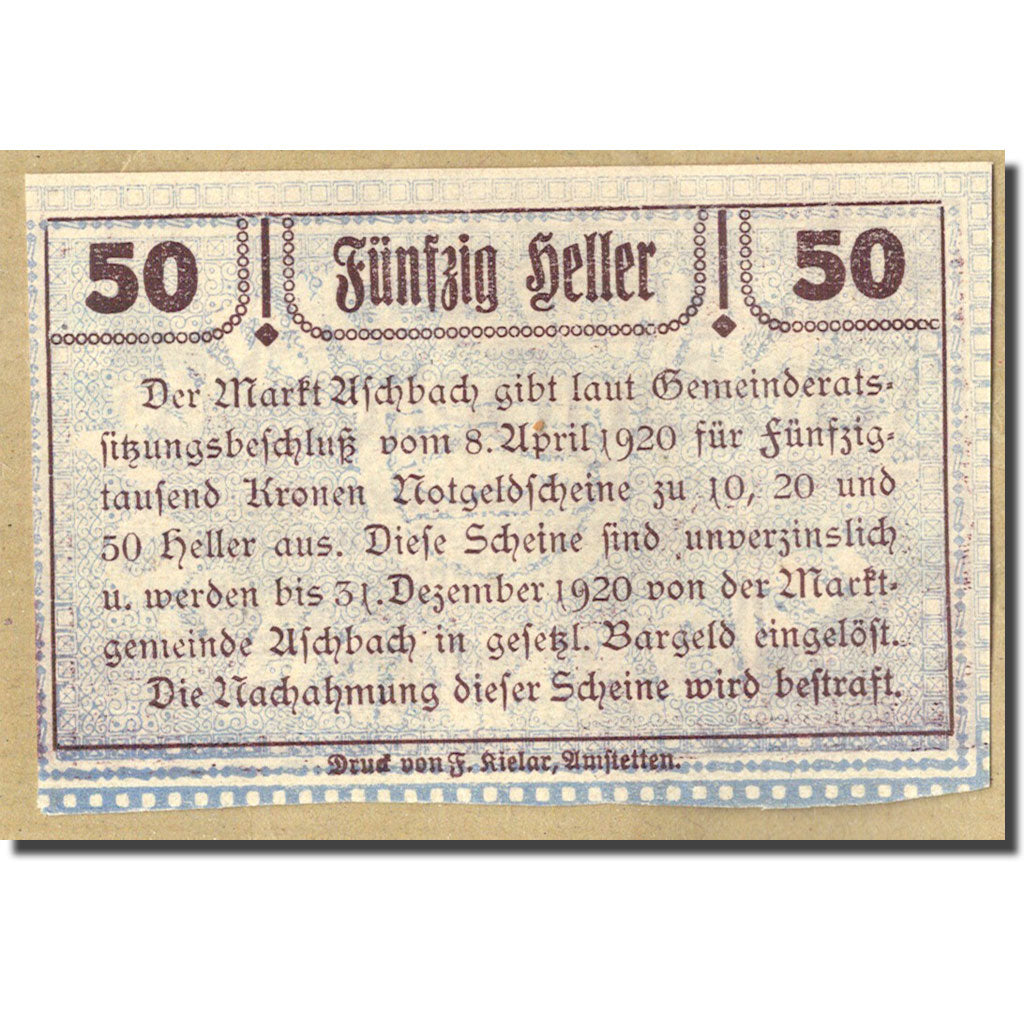 Banknote, Austria, Aschbach, 50 Heller, paysage, 1920, 1920-04-08, UNC(63)