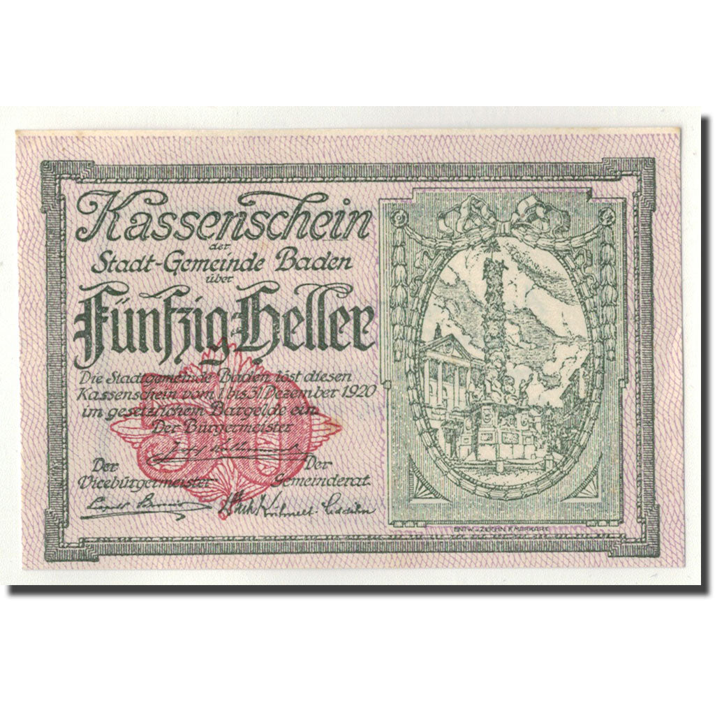 Austria, Baden, 50 Heller, paysage, 1920, 1920-12-31, UNC(63), Mehl:FS 74a