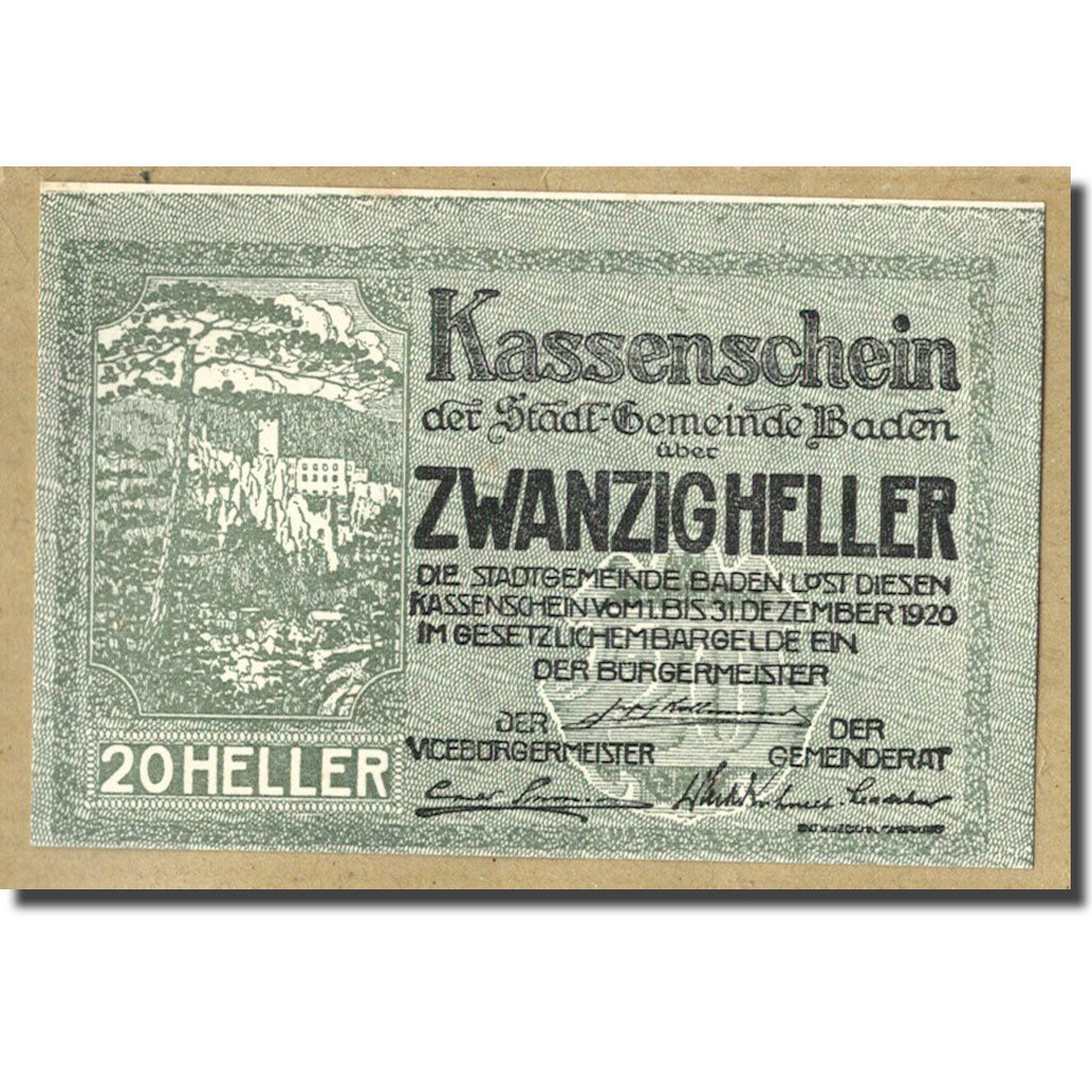 Geldschein, Österreich, Baden, 20 Heller, paysage, 1920, 1920-12-31, UNZ-