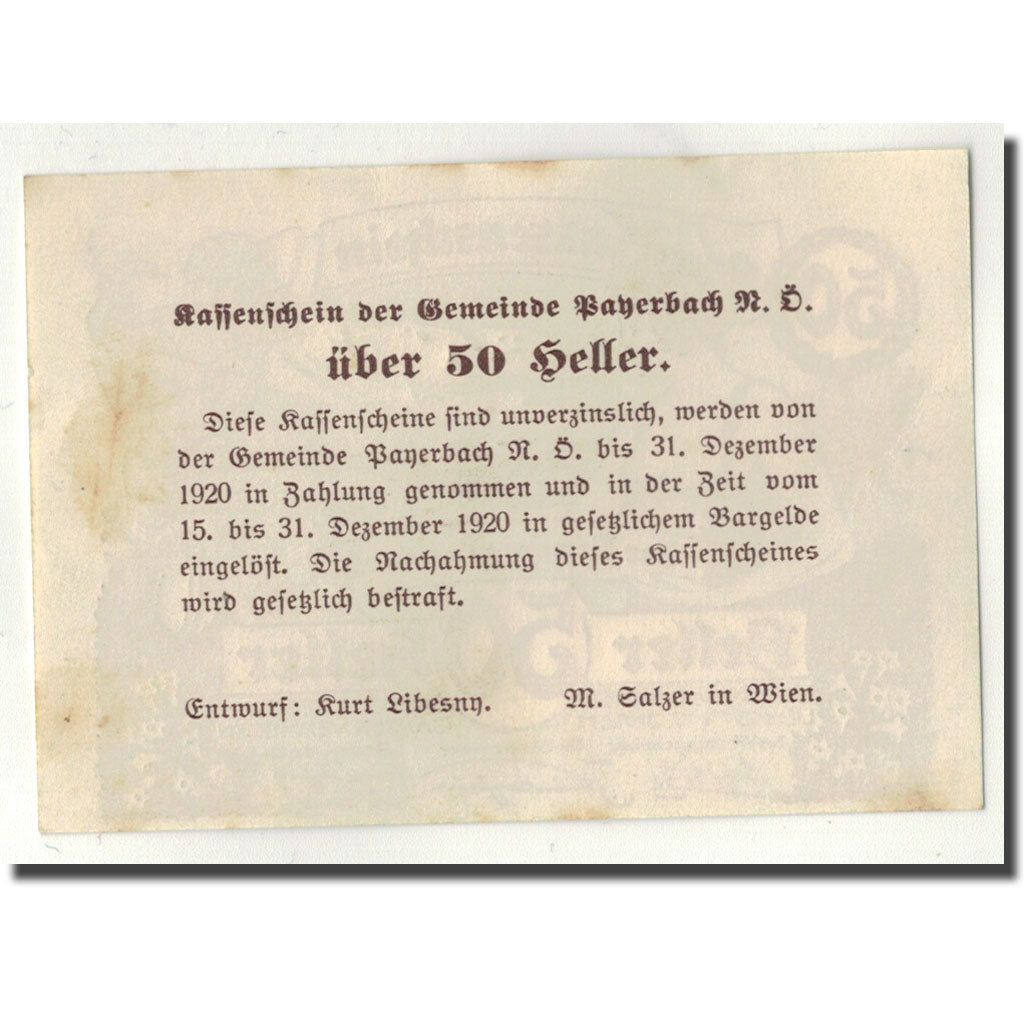 Banknote, Austria, Payerbach, 50 Heller, personnage 1, UNC(63), Mehl:FS 725