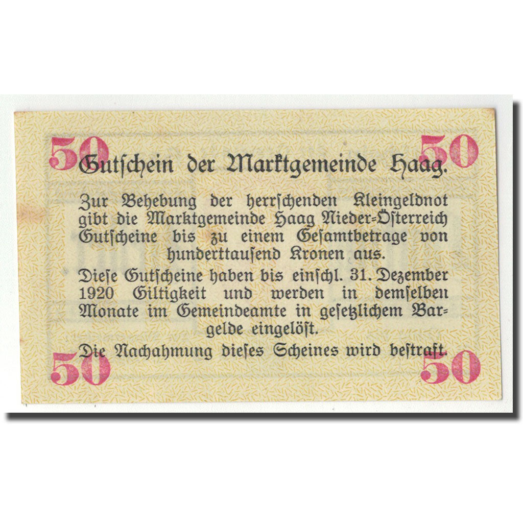 Geldschein, Österreich, Haag, 50 Heller, Ecusson, 1919, 1919-12-20, UNZ-