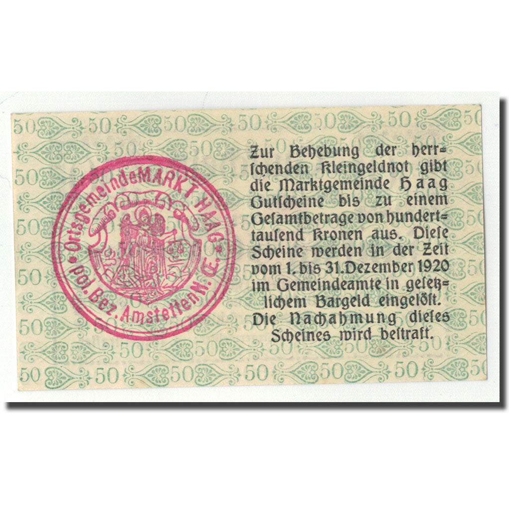 Geldschein, Österreich, Haag, 50 Heller, Ecusson 1, 1919, 1919-12-20, UNZ-