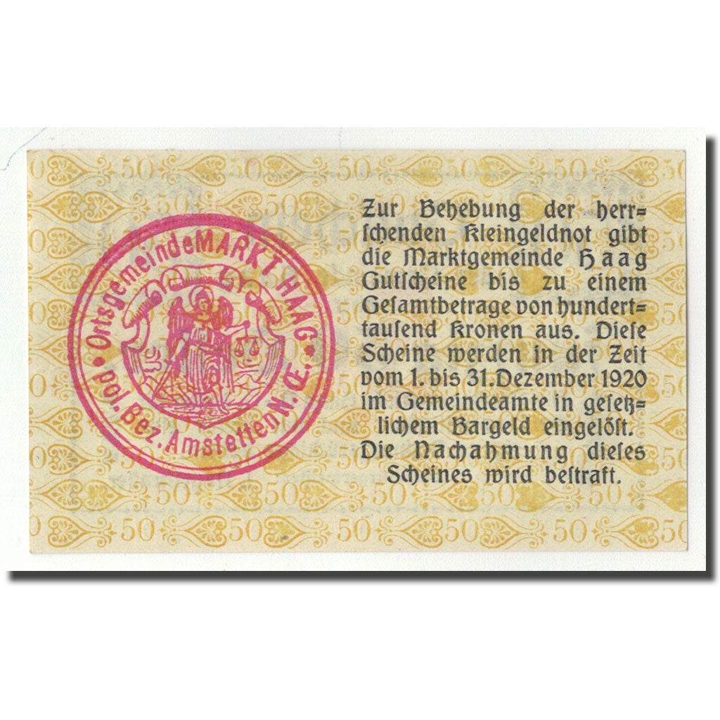 Geldschein, Österreich, Haag, 50 Heller, ecusson 2, 1919, 1919-12-20, UNZ-